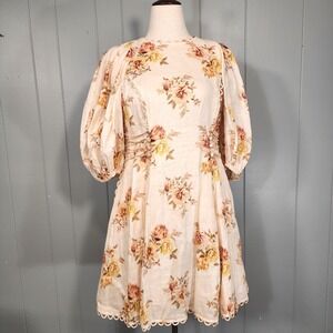 Zimmermann Floral Dress Womens SZ 3 US 10 Pink Linen Puff Sleeve Mini Scalloped